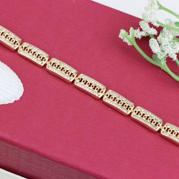 "Rose Gold Rectangular Link Bracelet with Cubic Zirconia Accents, XPBL0971 - Picture 12 of 12